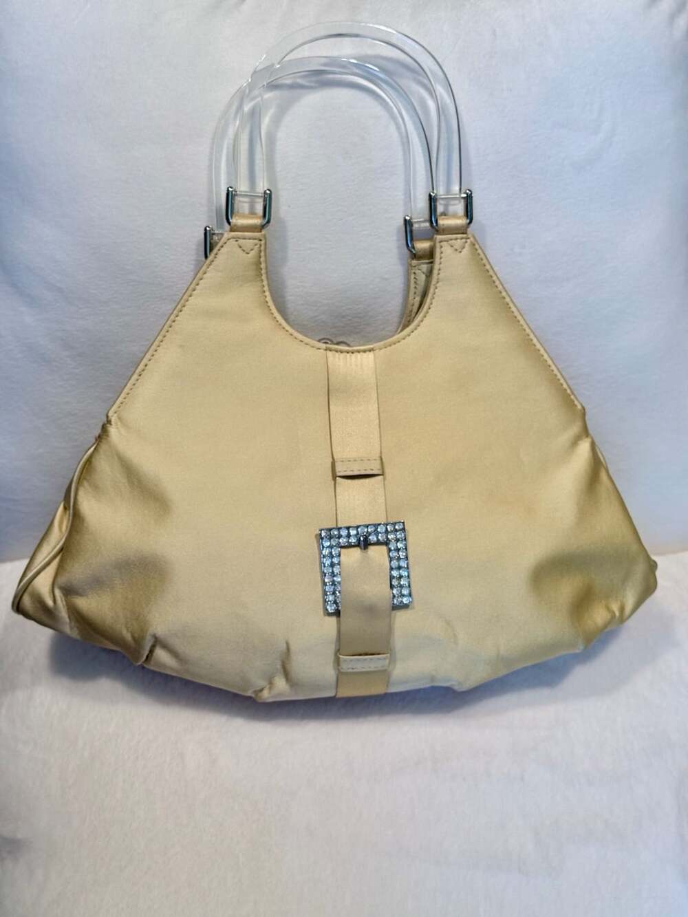 Vintage Retro Yellow Satin Handle Bag Clear Handles Rhinestone Buckle